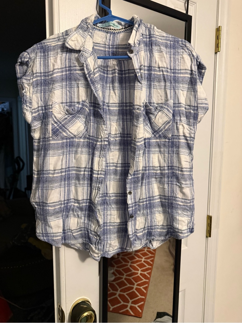 Maurices White and Blue Plaid Button-Front Short Sleeve Shirt